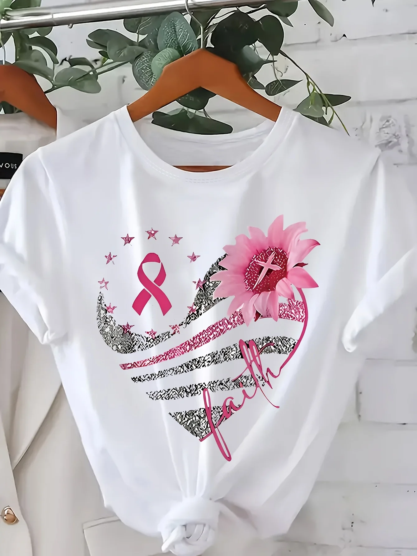 

Faith Breast Cancer Awareness Women's Tee - Pink Ribbon & Sunflower Graphic, Casual Support Top