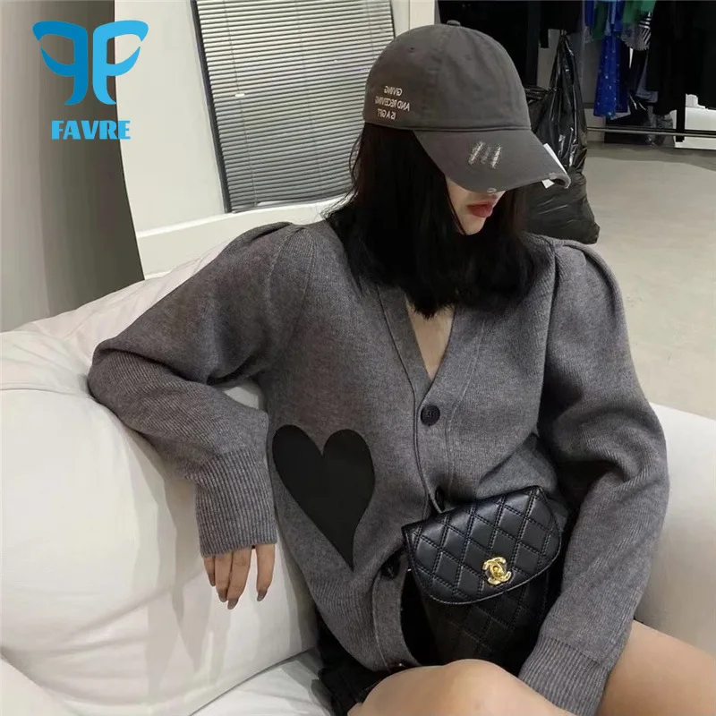 

FAVRE Autumn Love Stick Leather Knitted Cardigans Women Sweaters Elegant Short Single-Breasted Sweater Cropped Women Cardigan