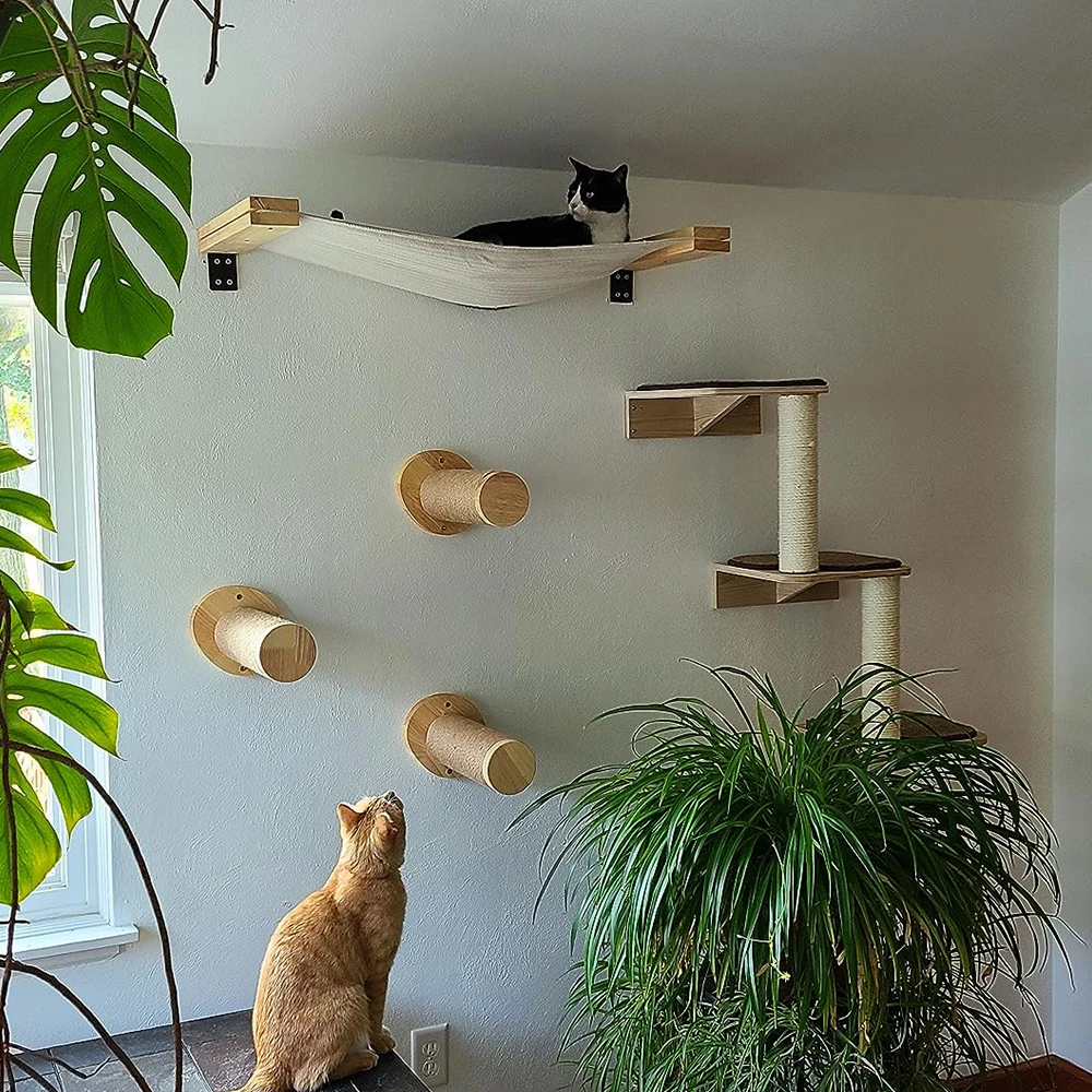 

Wall Mounted Cat Climbing Frame Cat Hammock with Wood Ladder and Scratching Post Cat Bridge and Jumping Platform for Cats