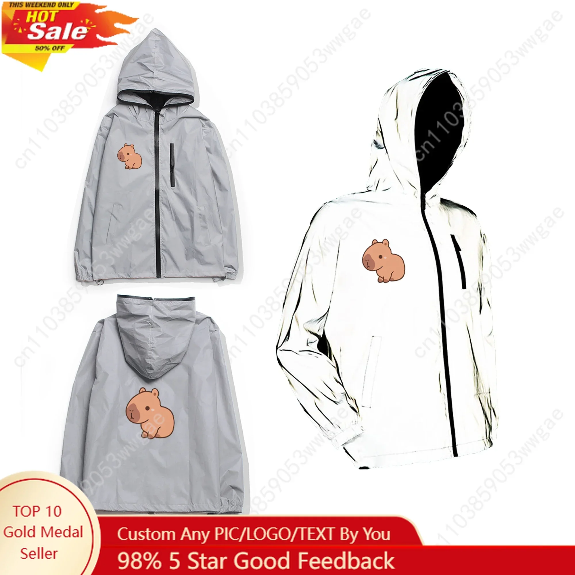 Capybara Reflective Jacket Man Women Coat Hooded Windbreaker Run Pocket Jackets Cycling Hiking Zipper Cartoon Customized Hoodie
