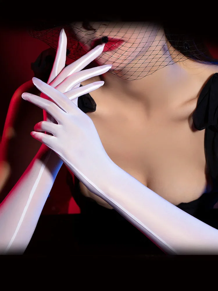 Sexy Lace Cuffs Long Glove Oil Glossy Silky smooth Glove Elastic Sheer Thin Wedding Sunscreen Driving Dance Gloves for Women