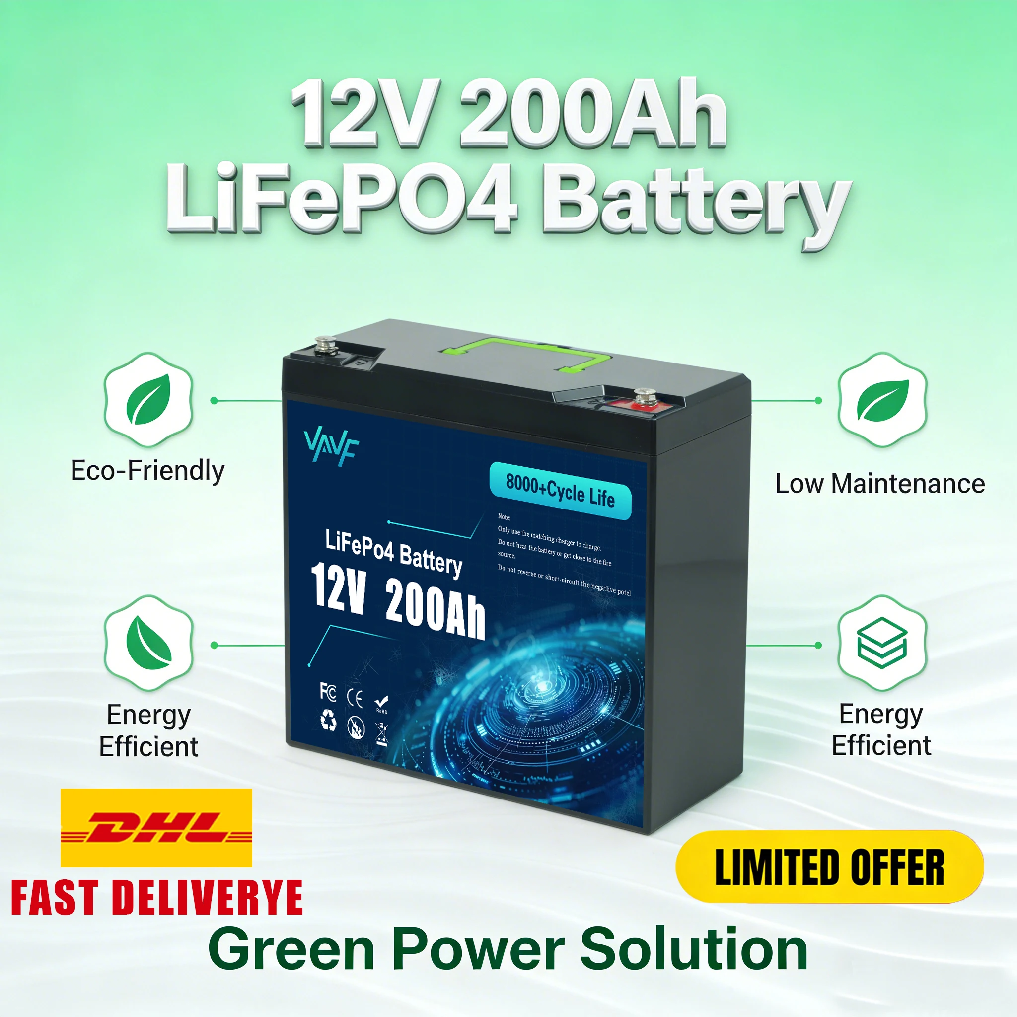 

12V 200Ah LiFePO4 Battery Built-in Smart⚡️BMS, 8000+ Cycles, Suitable for SolarPanels, Camper Vans, Marine Crafts, Overlanding