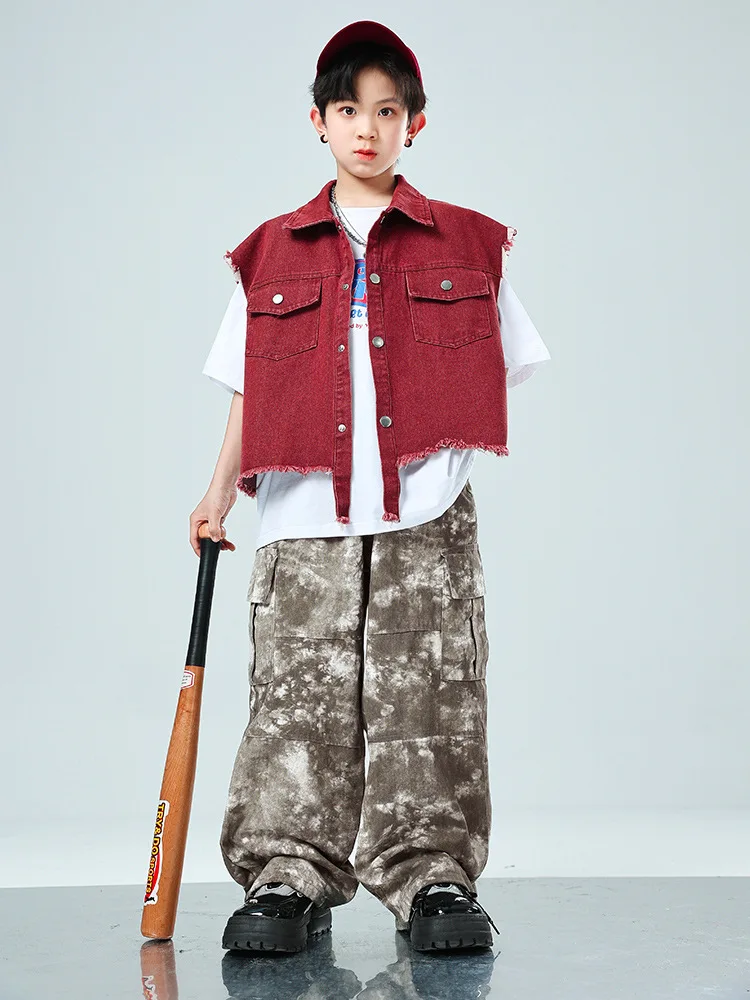 Ropa de Hip Hop para chico, chaleco vaquero rojo vino, Top de camuflaje, pantalones holgados Cargo informales para niña y niño, traje de baile de Jazz