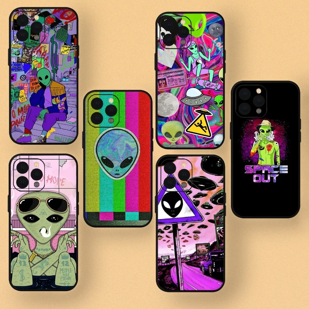 Cartoon Alien Funny Space Out  Phone Case For iPhone Mini 11 12 13 14 15 Pro XS Max X Plus SE XR Shell