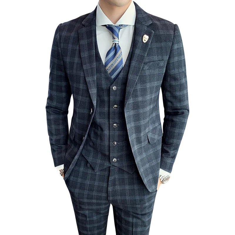 Plaid  (suit + Waistcoat + Trousers) Wedding Dress Fashion and Handsome Fashion British Style Slim-fit Business Three-piece Set