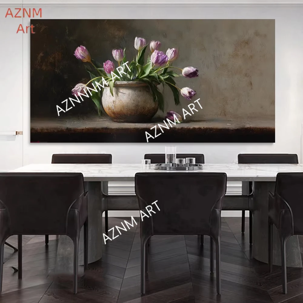 1PC ，Purple Tulip Brown Earthenware Jar Poster and Prints Canvas Painting Wall Art Picture for LivingRoom Home Decor