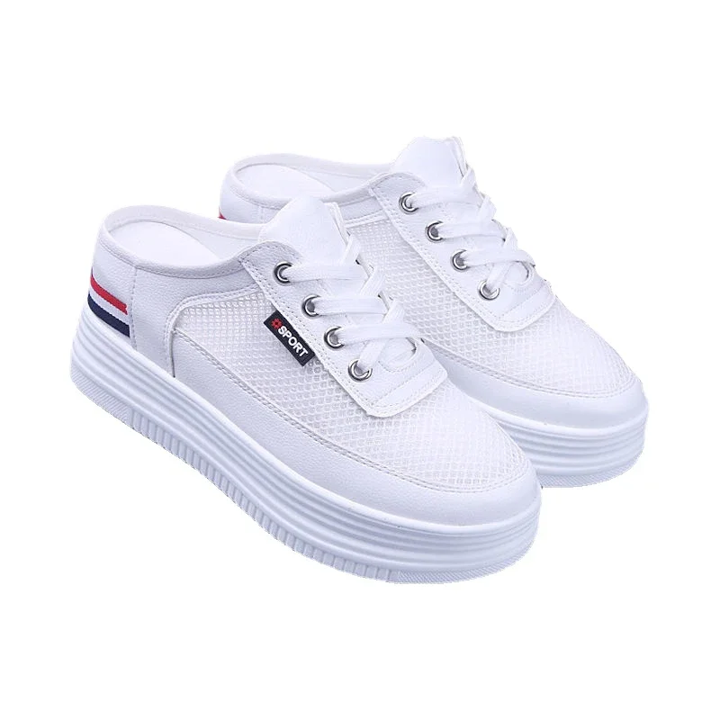 Women Half Slippers Mesh Surface Hollowed Summer Versatile Student Outdoor Breathable Sneaker Closed Toe Mesh Casual Shoes White