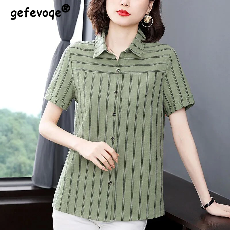 Elegant Korean Fashion Striped Print Cotton Button Up Shirts 2023 Summer Casual Simple Short Sleeve Loose Tops Blouses for Women