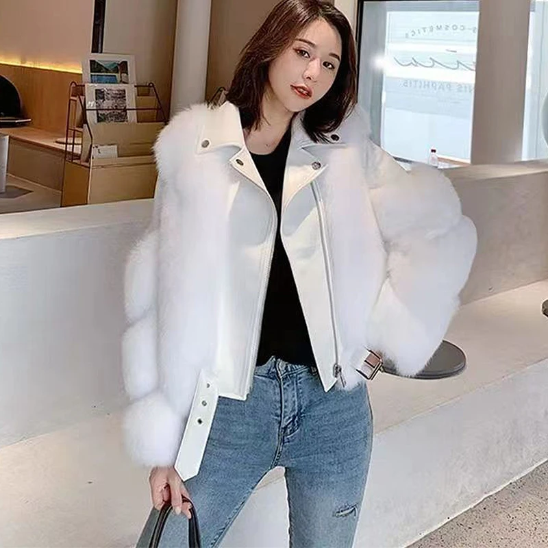 Fashionable Warm Short Fox Fur Jacket Women Autumn Winter Pu Leather Faux Fur Motorcycle Jackets Ladies Luxury Short Coat