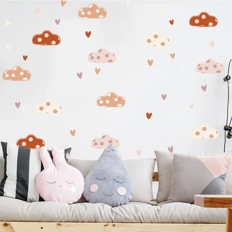 Boho Style Clouds Heart Shape Wall Stickers Cute Cartoon Bohemian Nursery Wall Decals for Baby Kids Room Home Decoration Murals