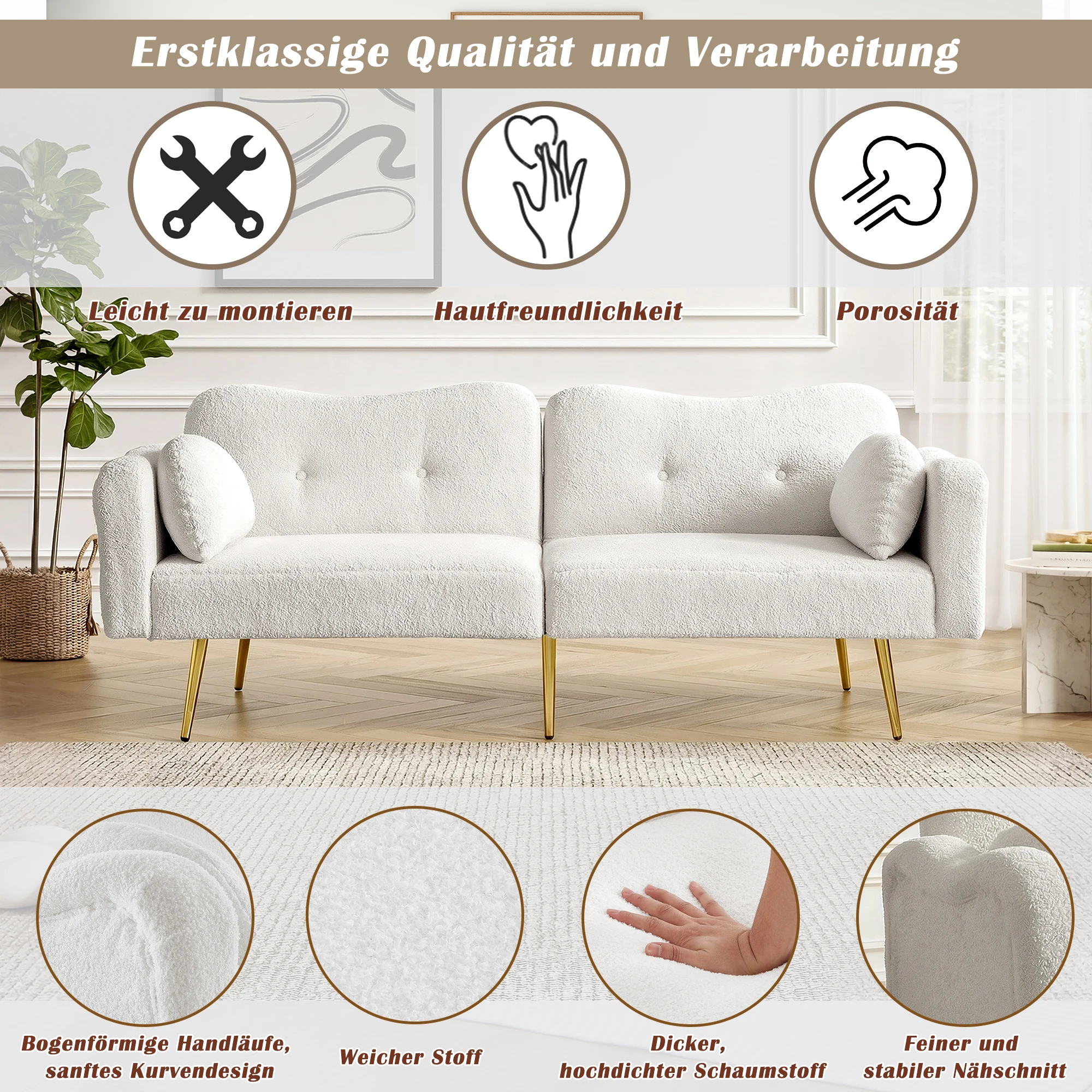 KOMHTOM Zweisitzer Sofabett Multifunktionales 2 In 1 Moebelstueck Mit Verstellbarer Rueckenlehne Vergoldeten Metallfuesen – Detail 7