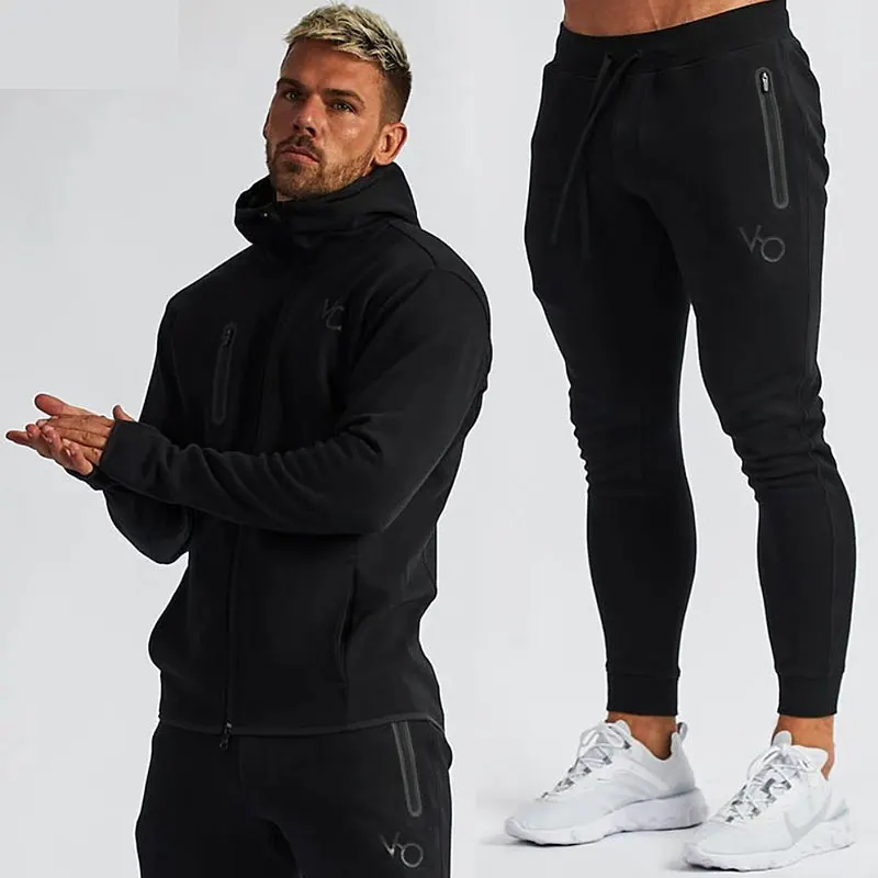 Men\'s Gym Spring and Autumn Cotton Sports Suit Streetwear Fitness Zipper Jogging Hooded Hoodie Casual Jacket Men Trousers