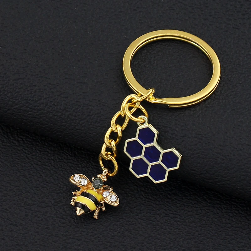 1Pc Cute Women Hexagon Honeycomb Drip Oil Rhinestone Bee Keychain Couple Insect Key Ring Bag Ornament Accessories ﻿