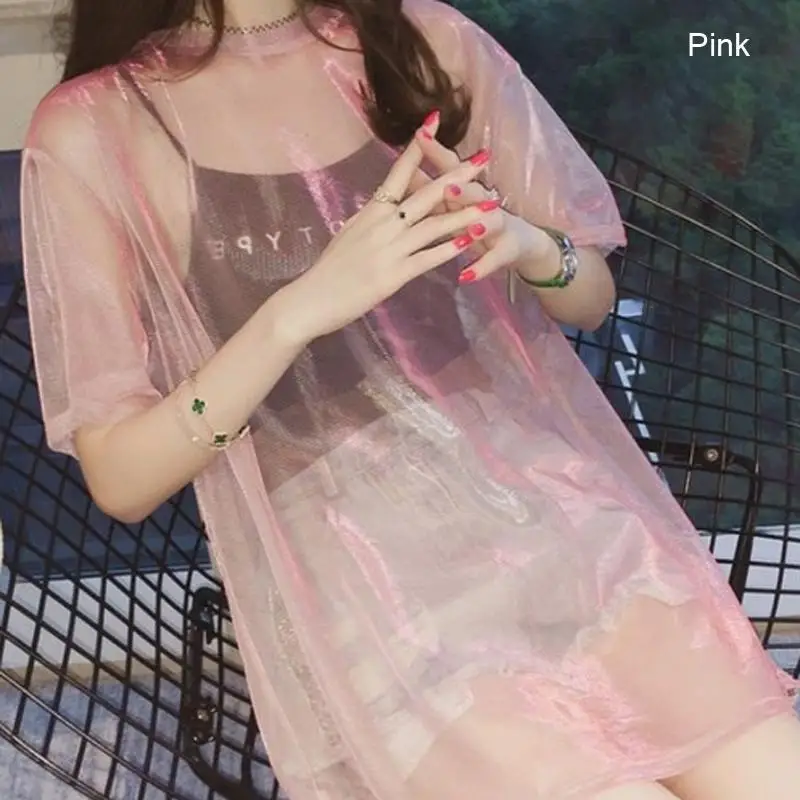 Women Transparent Mesh T-Shirt Short Sleeve Tee Tops Cover Up+Camisole Vest Top Oversize