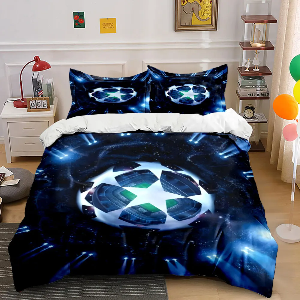 Champions League Starry Stadium Spotlight Football Bedding Set 3pcs, Dark Blue Luxury Night Match Scene Print Duvet Cover Set