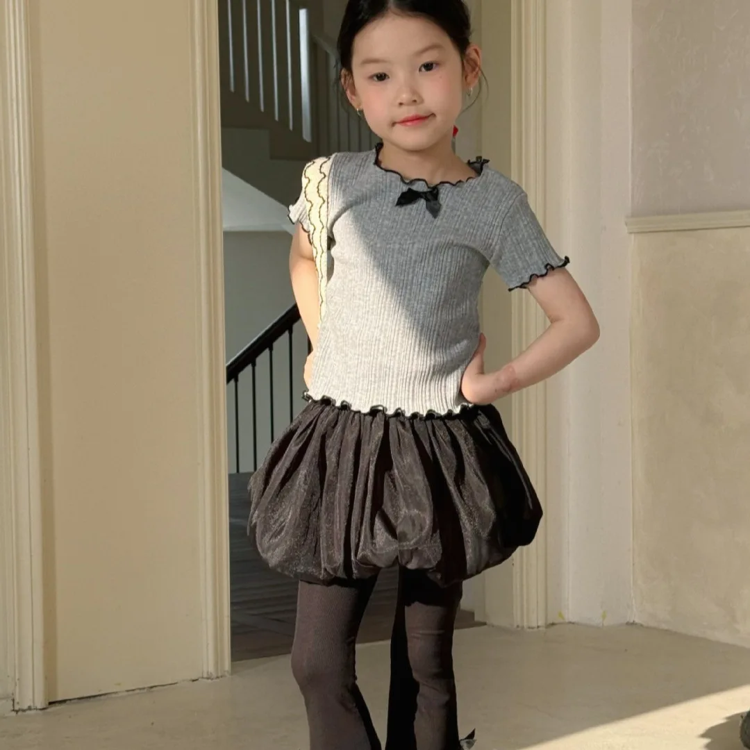 

Girls Suit 2025 Summer New Childrens Clothing Korean Girl Baby Bow-tie Close-edged Short-sleeved T-shirt Skirt Pants Two-piece