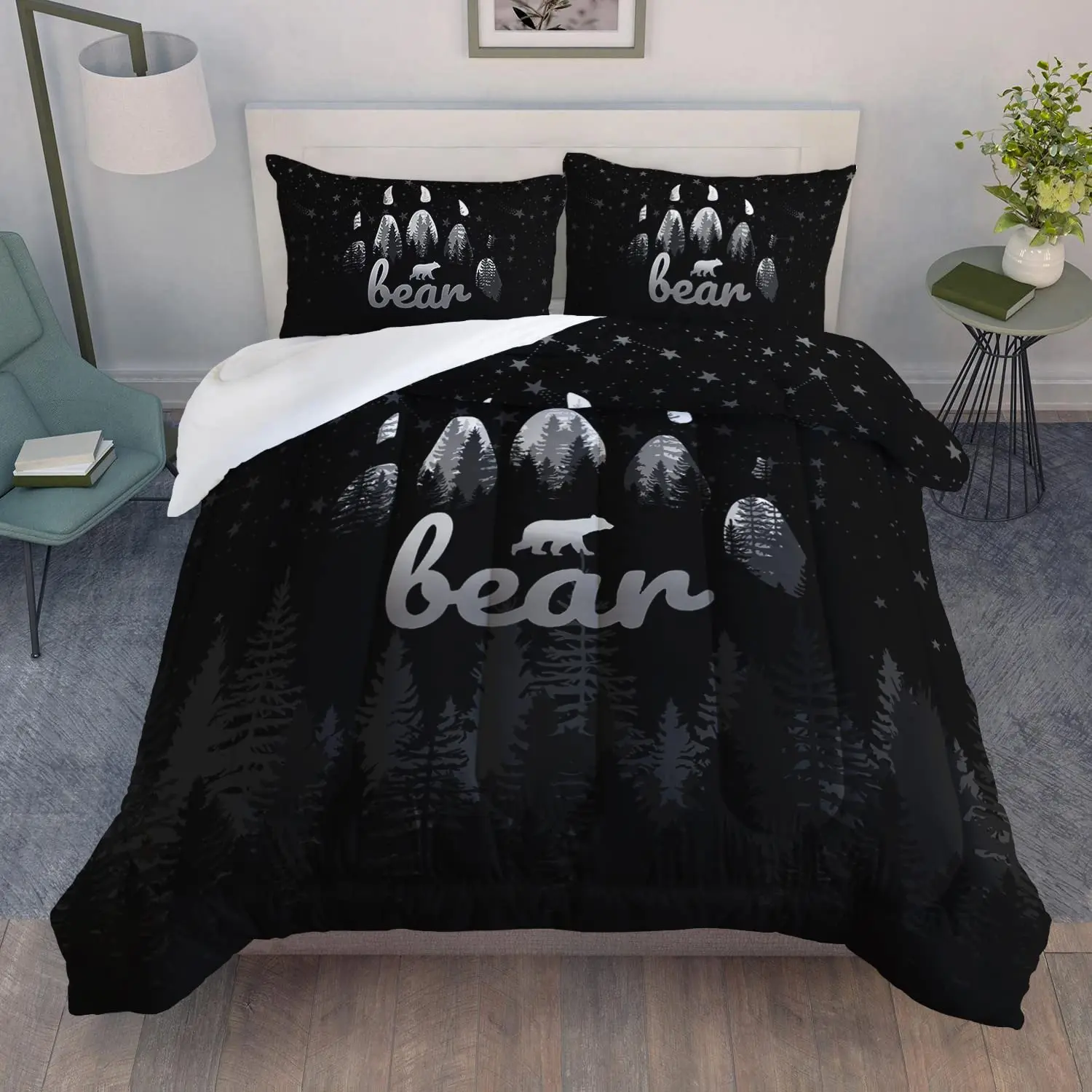 Bear Duvet Cover Set, Strong Bear in The Forest Decor 3 Piece Bedding Set with 2 Pillow Shams, Queen King Full Size Room Decor