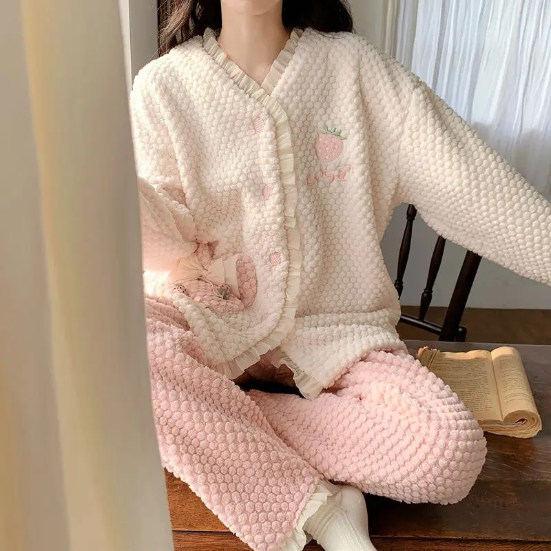 Pijamas de mujer, ropa de dormir, nuevo conjunto de traje para casa de encaje dulce para invierno, pijama de algodón, ropa de casa, otoño, fresa, Navidad, Grinch