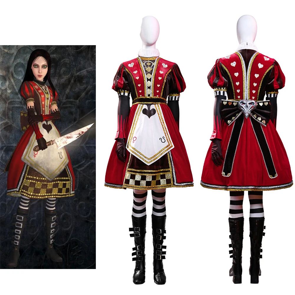 

Alice Cosplay Madness Returns Costume Women Gorgeous Vintage Velvet Queen Royal Poker Dress Suit Halloween Carnival Party Gown