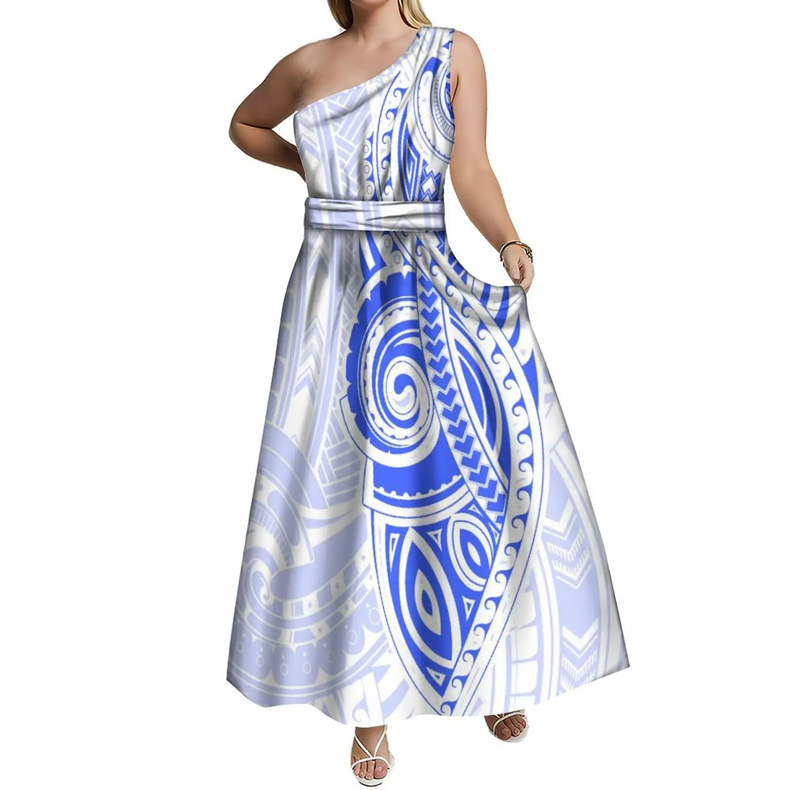 Sexy Diagonal Neckline One-Shoulder Women'S Summer Dress Sleeveless Design Custom Polynesian Traditional Print Pattern