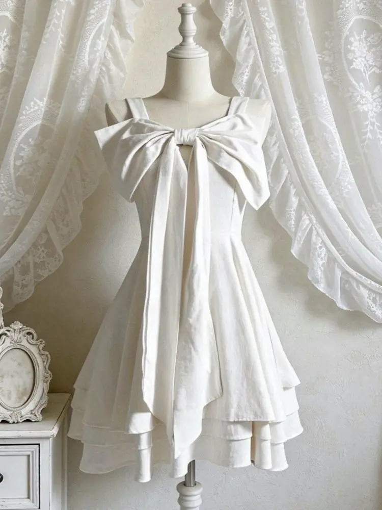 French Style Strap Dress Women Elegant Strap Bow Decorations Layered Ruffle Hem Fashion Cute Mini Dress Y2K Vintage Streetwear view 3