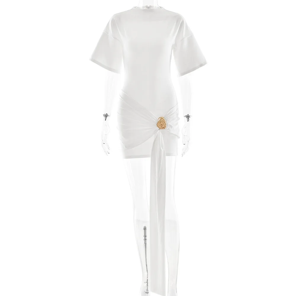 حار بيع جديد بلون جولة الرقبة Bodycon مثير الخصر مقصوص نصف كم الشريط Ruched اللباس