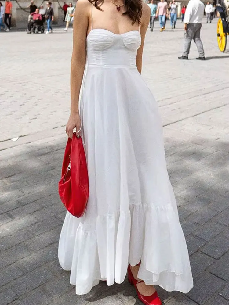HH Woman Fashion Summer Chic Long Dresses White Sling Sleeveless Backless Lace-Up Decoration Zipper Female Beach Style Dress