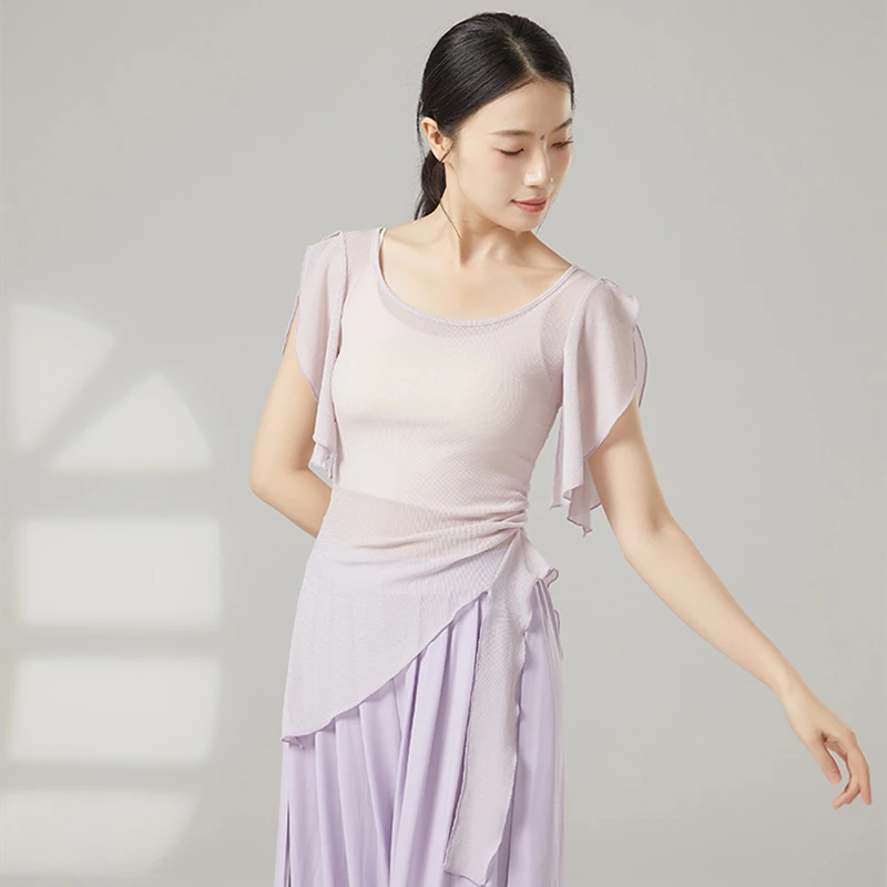 Top da ballo Costumi classici da donna Camicia a maniche corte divisa in rete di garza Orlo irregolare Camicette sari Sottile abbigliamento da ballo cinese