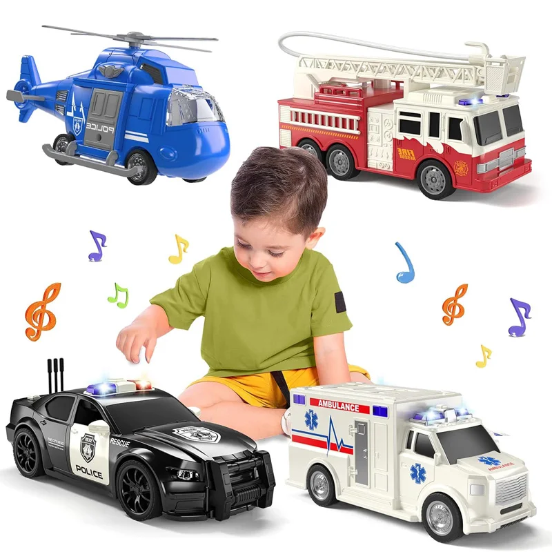 4 Packs Emergency Vehicle Toy Playsets, Friction Powered Vehicles with Light and Sound, Including Fire Truck, Ambulance Toy