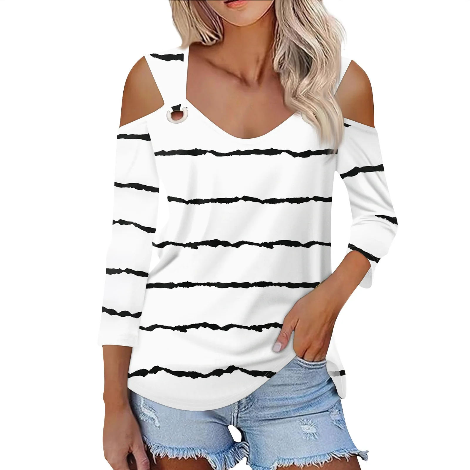 Frühling Mode frauen streifen Druck Off Schulter Medium Langarm Top Weibliche & Dame Casual Pendler Sexy Tops Shirt