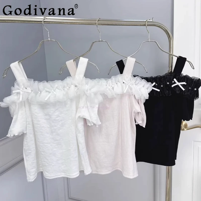 

Japanese Style Sweet Basic Knitted Top Summer New 2025 Women's Slim Elegant Off-the-shoulder Sexy Knitted T-shirt