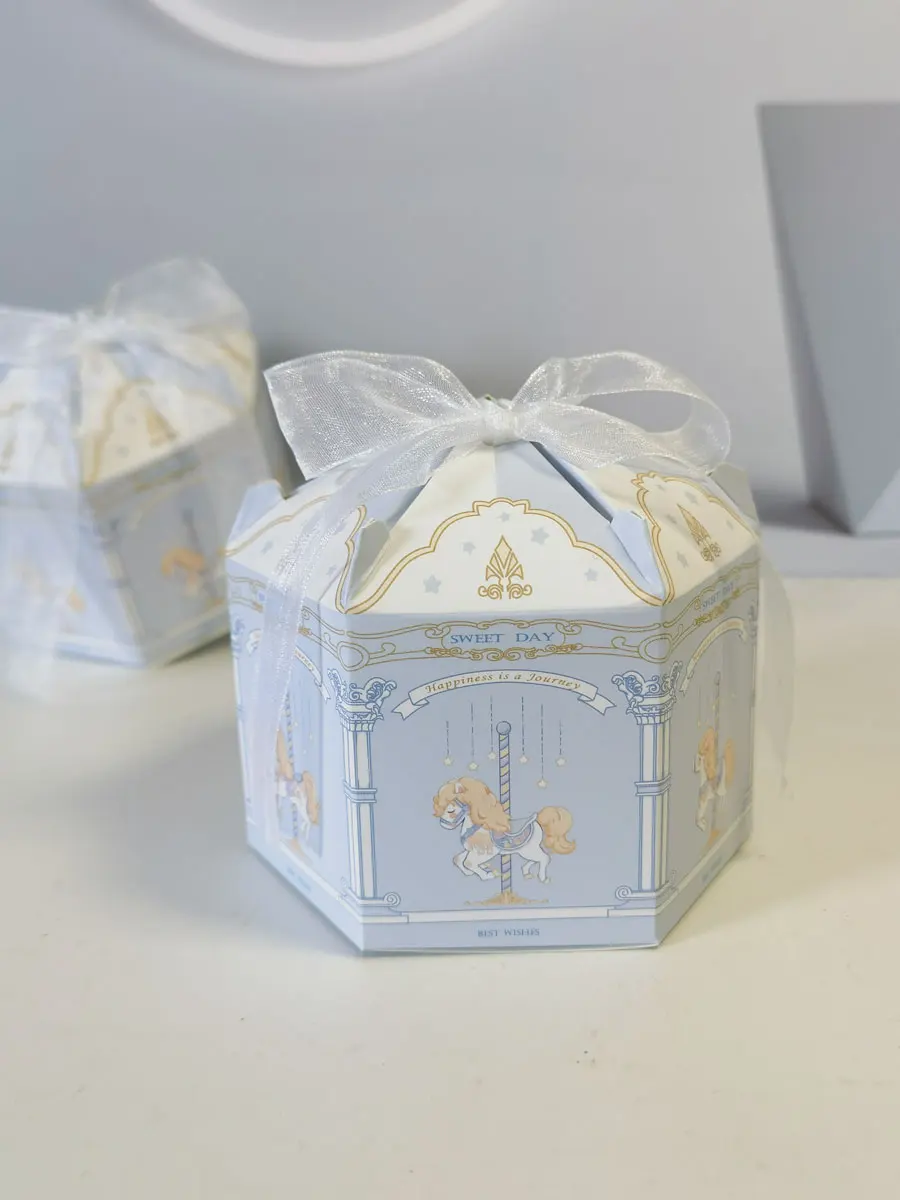 Baby Blue Candy Boxes Carousel Series Stylish Design Hexagon Birthday Party Favor Gift Box for Wedding Bridal Shower Baby Shower