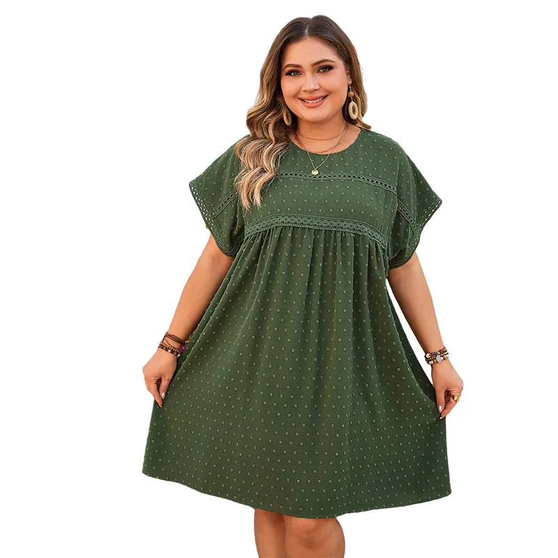 Plus Size Women's Green Dress Fashion O Neck Loose Solid Dress Short Sleeve Oversized Clothing High Waist