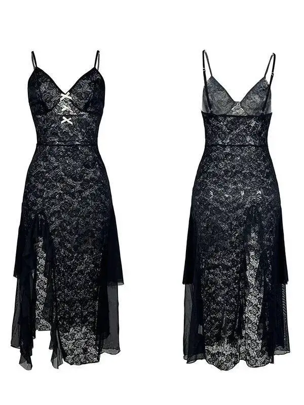 Sukienka koronkowa na ramiączkach, głęboki dekolt V, prześwitująca siateczka, rozcięcie, luksusowa, seksowna bielizna nocna, jednolity kolor, odkryte plecy, głęboki dekolt V, ramiączka, sukienka bez rękawów 2B23