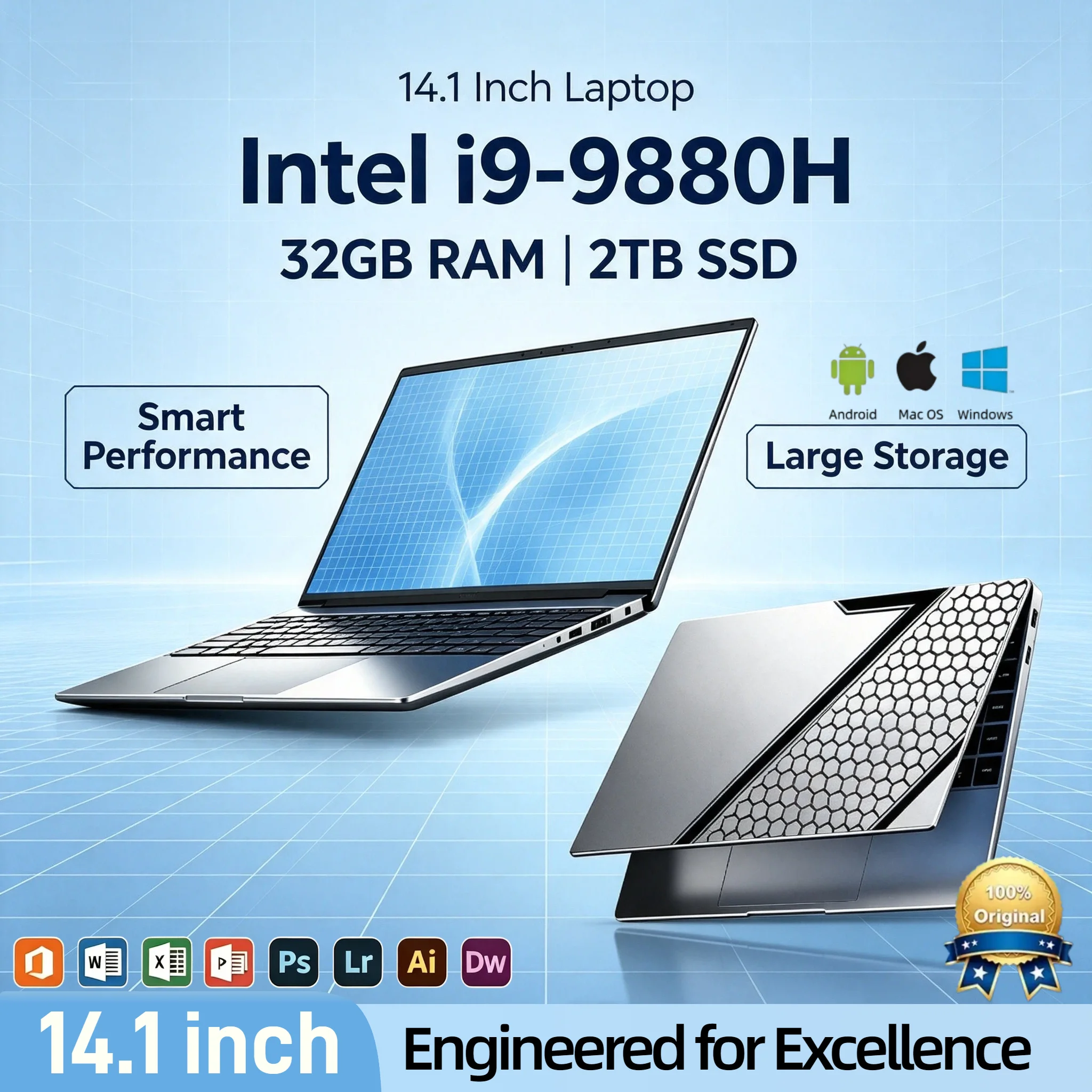 2026 Intel Core i9 9880H 14.1 Inch Laptop 2.3GHz 4.8GHz Turbo 32GB RAM 2TB SSD Ultra Slim Gaming 1920x1080 Office Pro Max