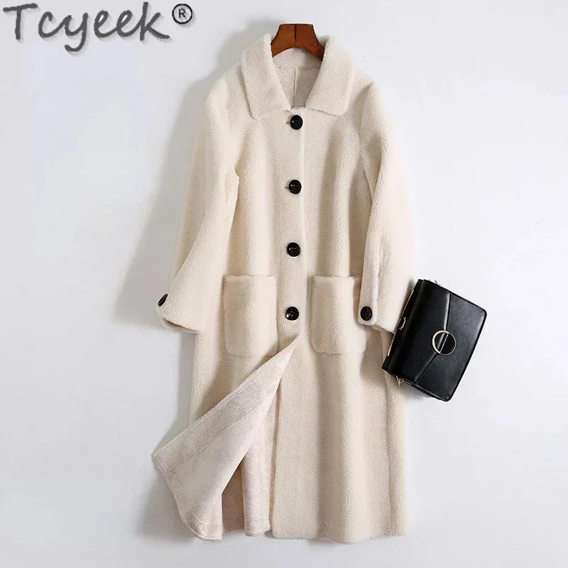 Sheep Tcyeek Shearling Fur Coat Women Mid-long Grain Wool Jackets Composite All in One 23 Winter Women's Clothes