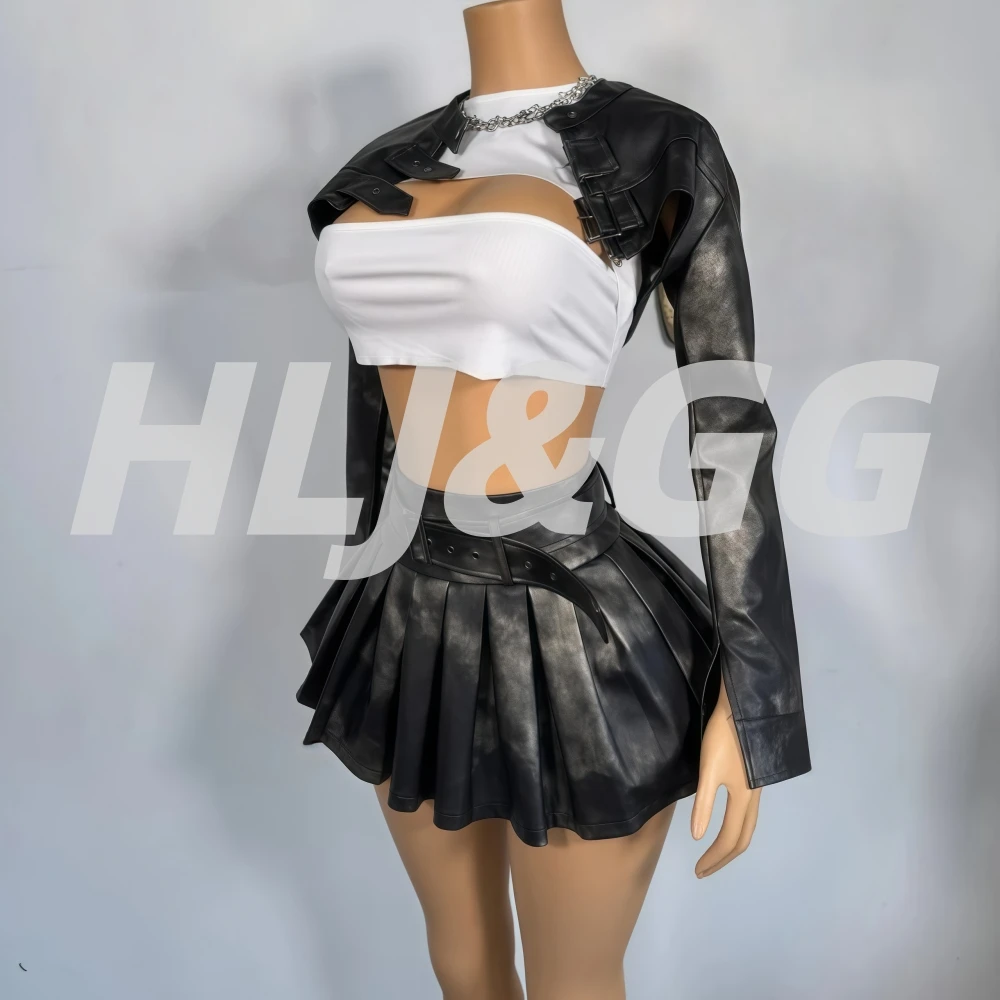 HLJ&GG Balck Fashion Punk Rock Leather Two Piece Sets Women Button Long Sleeve Crop Jacket+Belt Pleated Skirts Outfit Streetwear view 3