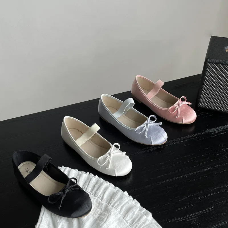 Ballet Flats Women Shoes 43 Mary Jane Shoes Round Toe Women's Shoe Bow Silk Satin Flats Women Shoes Plus Size 33-43 Valentine