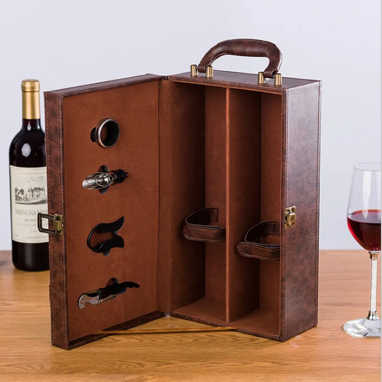 PU Leather Double Red Wine Box With Wine Set Phoenix Tail Pattern Leather Wine Storage Gift Box
