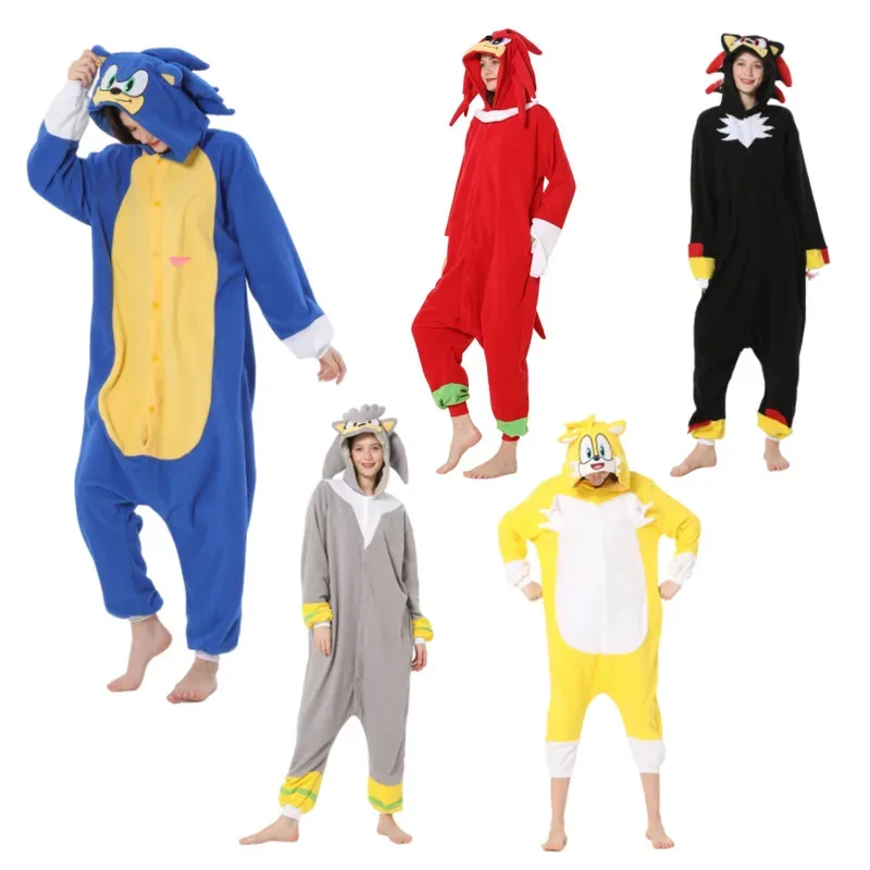 Pijama de felpa de dibujos animados de Anime Sonic, Mono de franela de invierno para adultos y niños, ropa de dormir cálida, albornoz de Cosplay, Pijama