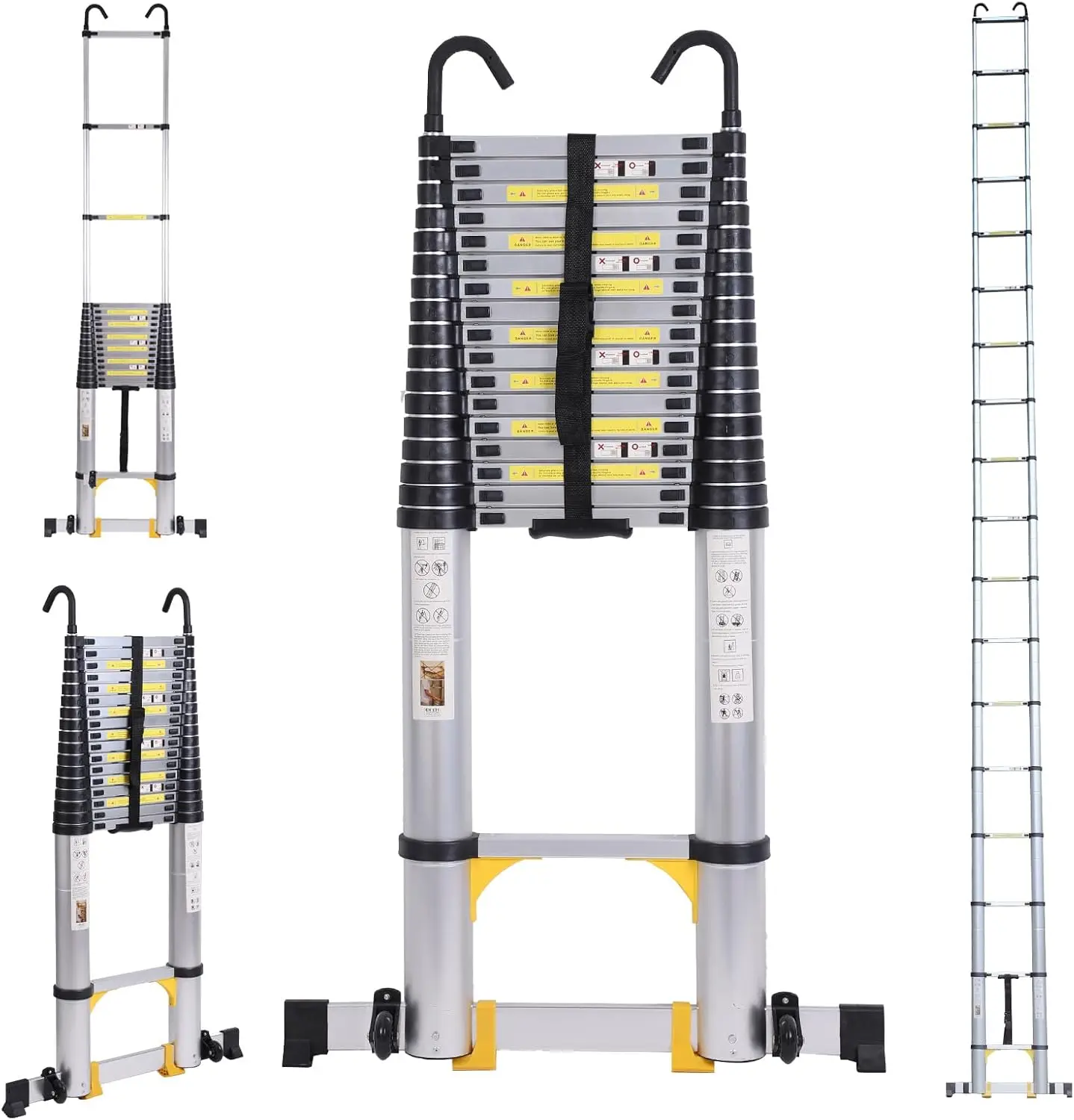 

Ladder with Stabilizer Bar Wheels and Hooks, Multi-Purpose Extension Ladder, Aluminum Folding Ladder