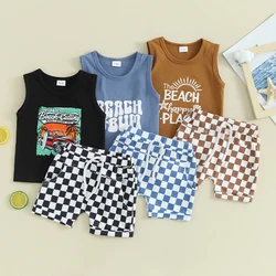 Lioraitiin Toddler Boys Summer Outfits Letter Car Print Sleeveless Tank Tops and Checkerboard Elastic Waist Shorts Clothes Set