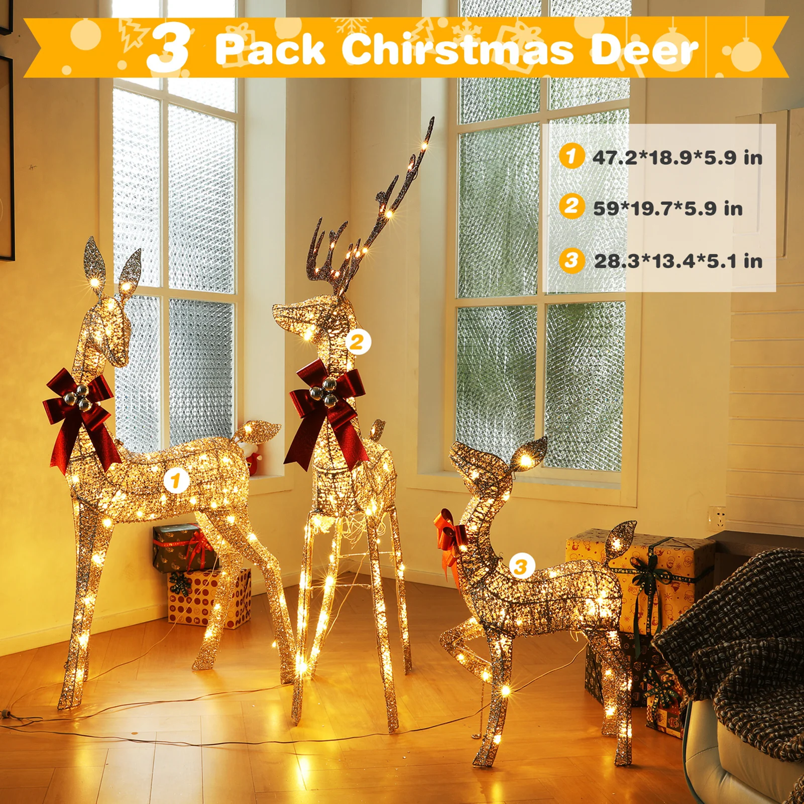 3pcs Christmas Deers with 210  - огляд і ціна Outdoor Lighting Front Yard