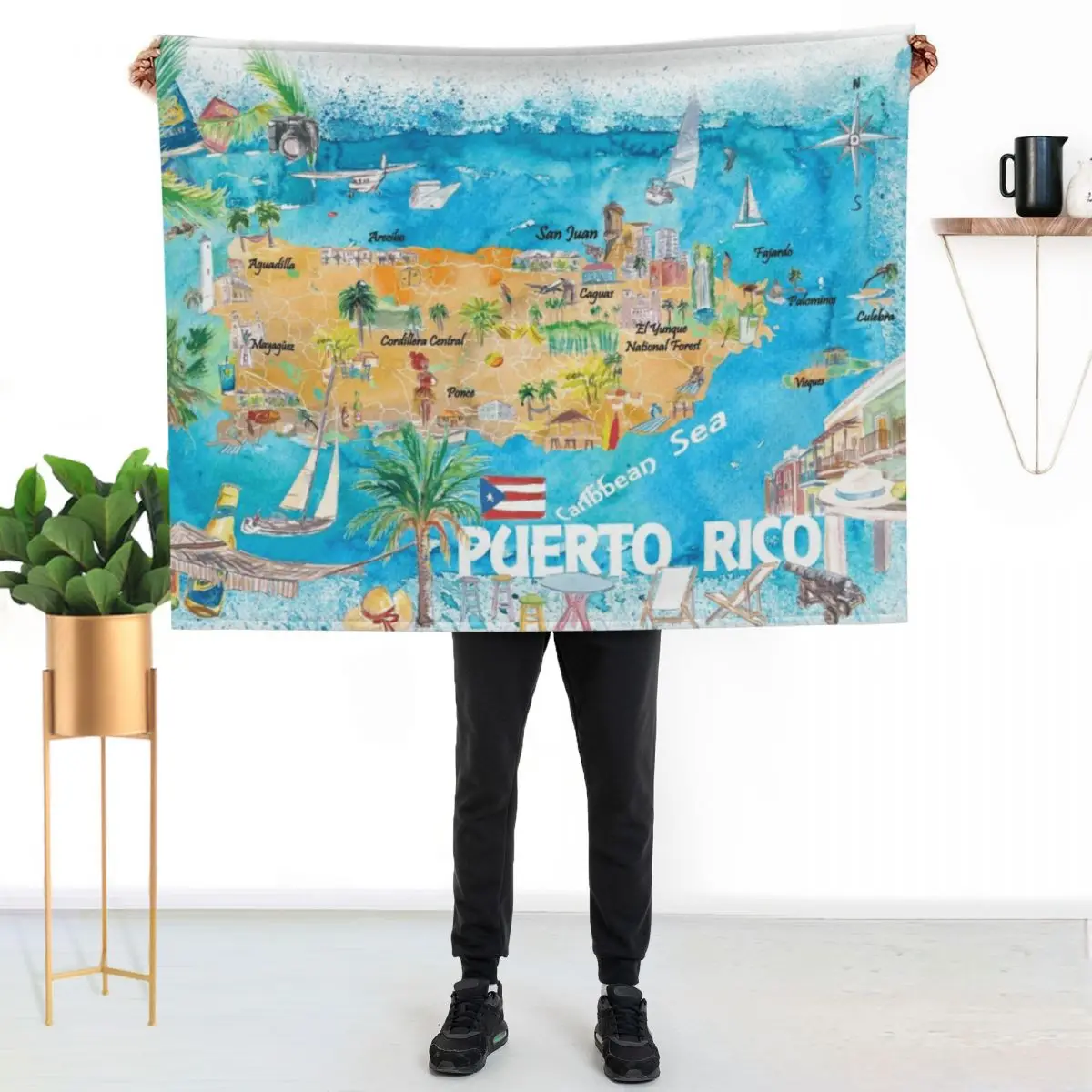 Puerto Rico Islands Illustrated Travel Map with Roads and Highlights Throw Blanket Baby Warm Multi-Purpose Blankets