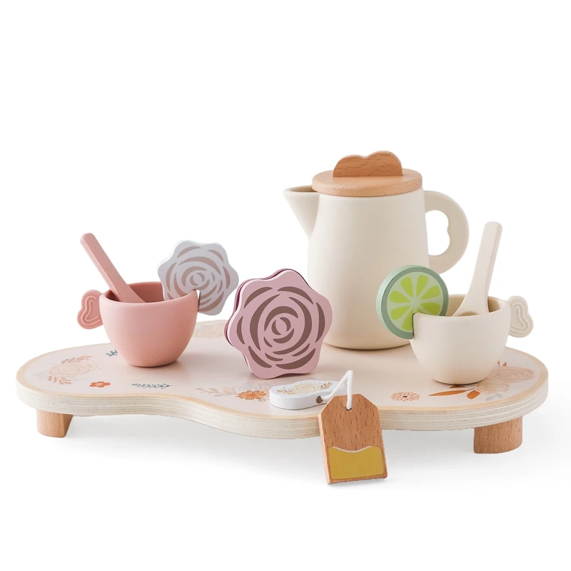 Baby Wooden Montessori Toys Silicone Cups Wooden Plate Trays Dessert Model Playing House Afternoon Tea Set Kids Puzzle Toys Gift