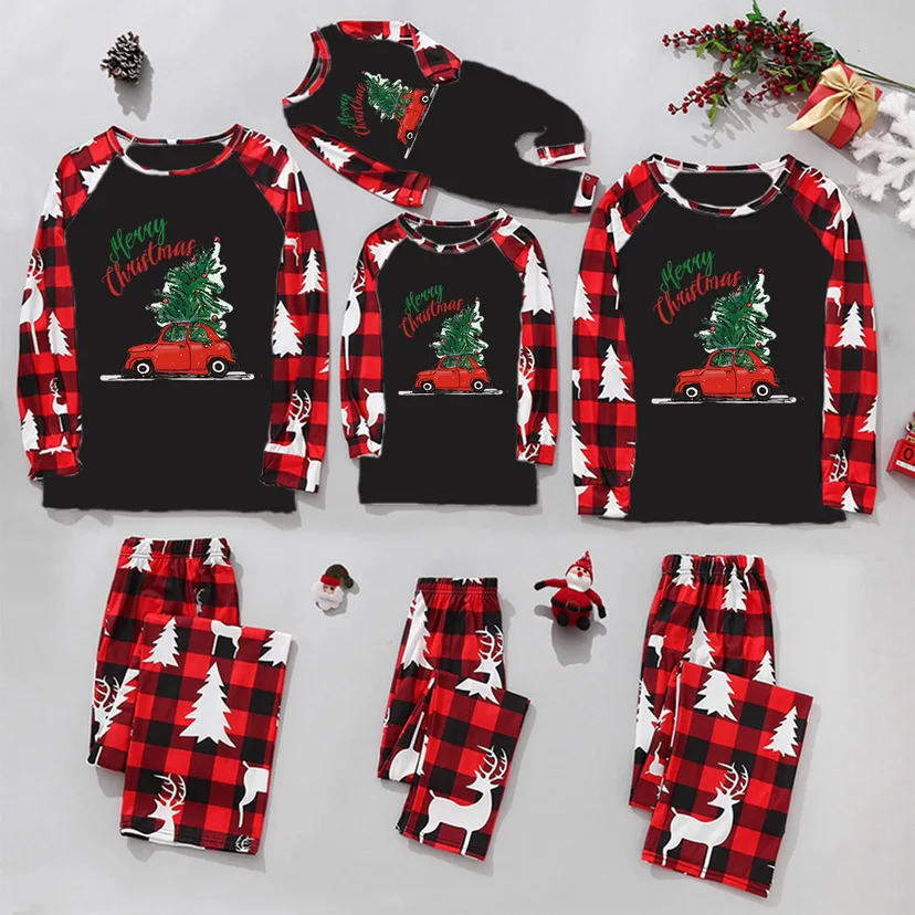 2024 Christmas Family Matching Pajamas Set Christmas Tree Letter Cute Deer Print Long Sleeve Tops and Plaid Pants 2 Pieces Sleep