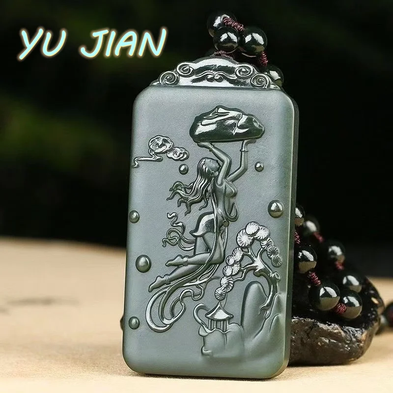 

Authentic Certified Hetian Cyan Jade Carving Nuwa Mending Sky Pendant Natural Jadeite Necklace For Men And Women With Exquisite