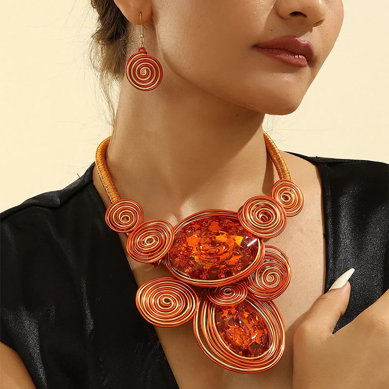 UDDEIN Handmade Weave Aluminum Wire Big Gem Necklace & Pendant Vintage Jewelry Sets Party Collar Earrings Set