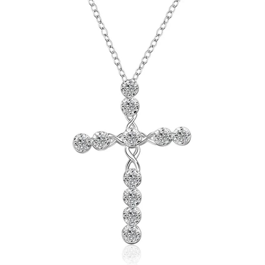 

Hot Sell New Style Silver 925 Plated CZ Lady Noble Crystal Necklace Fashion Jewelry Classic Cross Free Shipping Gift