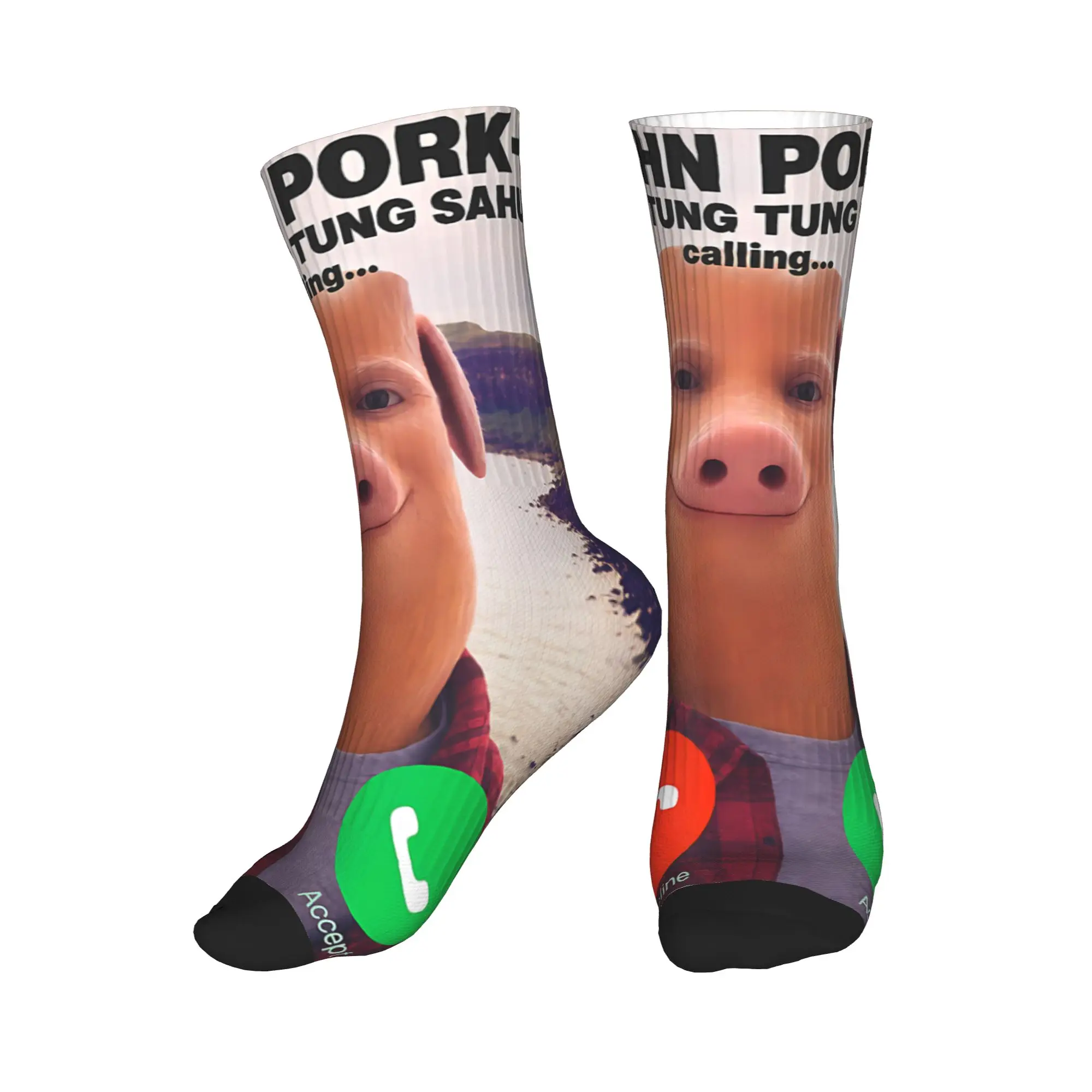 Tung Tung Tung Sahur John Pork is Calling Brainrot Socks Kawaii Stockings Autumn Non-Slip Unisex Men Socks Graphic Running Socks